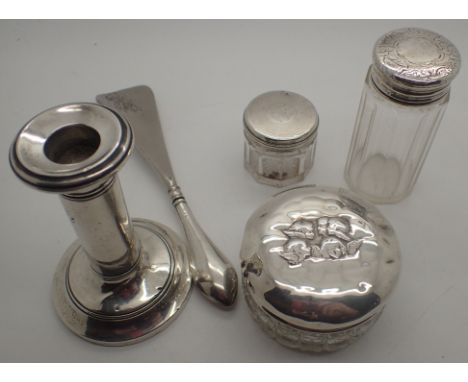 Five hallmarked silver items including candlestick