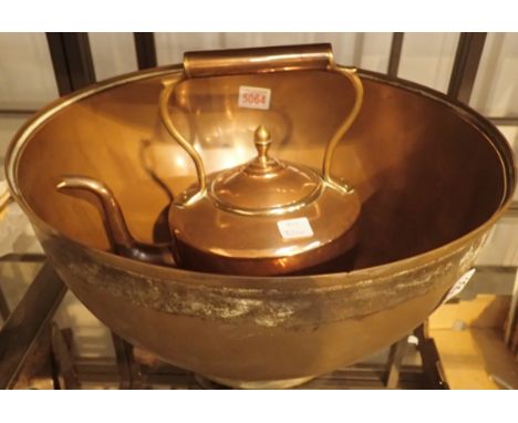 Large copper mixing bowl and a copper kettle with acorn finial
