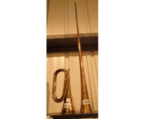 Copper and brass hunting horn and soldiers bugle