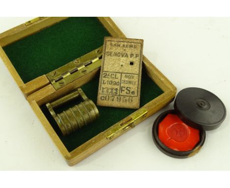 A Victorian brass 5-barrel combination lock by Illikin & Law, a wax seal in turned lignum box and an early train ticket.