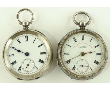 2 Silver cased open faced keywind pocket watches, engine turned cases with subsidiary seconds dials, (2).