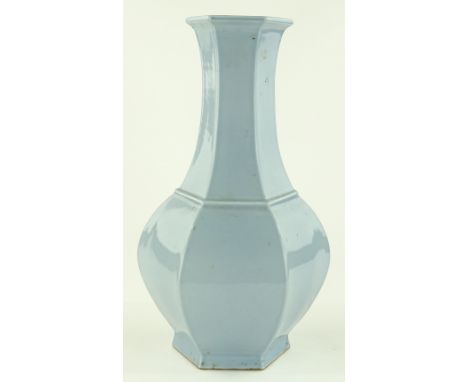 A Chinese pale blue glazed vase of bulbous hexagonal form, painted seal mark under base, height 44cm.