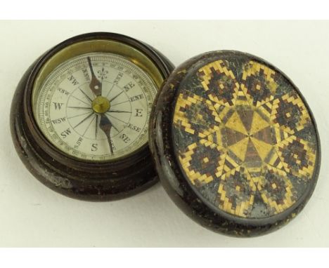 A Victorian compass in TunbridgeWare case, diameter 5cm.