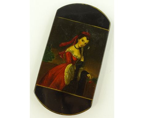 A 19th century German papier-mache spectacle case, handpainted erotic scene on one side and a portrait of a lady to the other