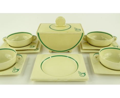 A Clarice Cliff Bizarre soup set, comprising tureen, 4 bowls, 4 saucers and 4 side plates.