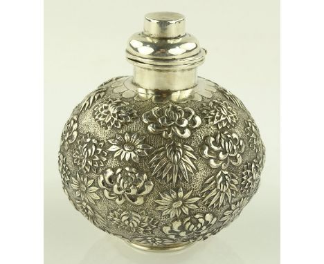 A Chinese silver rose water sprinkler circa 1900, relief embossed and chased floral designs, marked 90, makers marks L H, hei