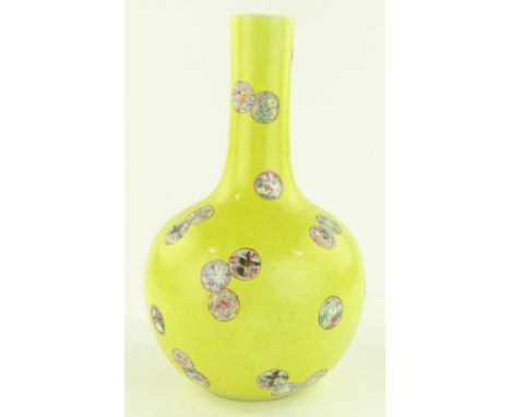 A Chinese yellow glaze porcelain narrow necked vase, handpainted disc shaped enamel panels, seal mark under, height 32cm, rim