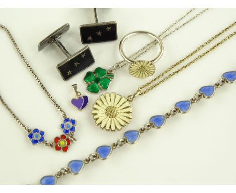 A pair of silver and enamelled cufflinks together with other silver and enamel jewellery.