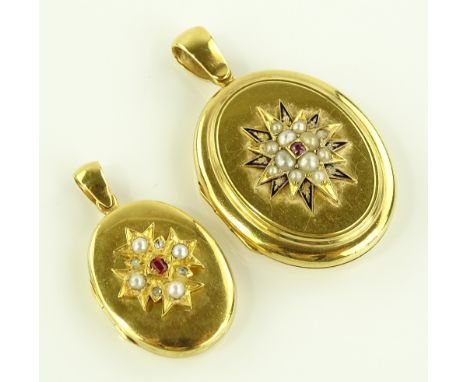 2 Victorian ruby, diamond, pearl and enamel rolled gold lockets, largest height excluding bale 37.2mm.