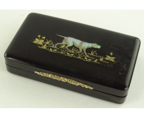 An 18th century tortoiseshell snuff box with gold and mother of pearl pique inlaid design of a hunting dog, chased gold thumb