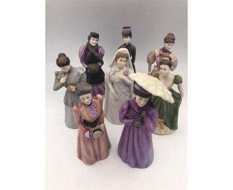 Eight figurines by Goebel, Madelein, Augustine, Harriet, Juietta, Edwina, Justina, Helena and Louisa.
