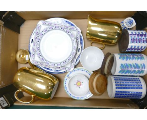 A mixed collection of items to include Mid Century Staffordshire table ware storage jars, Royal Worcester metalised teapot &a