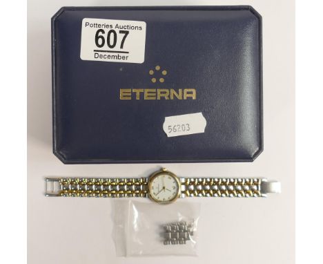 Ladies Eterna wristwatch with stainless steel bracelet, boxed with spare links. 