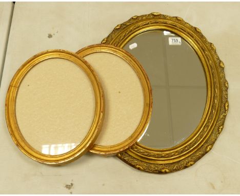 Oval Framed Gilt type Wall Mirror &amp; 2 similar picture frames(3) 