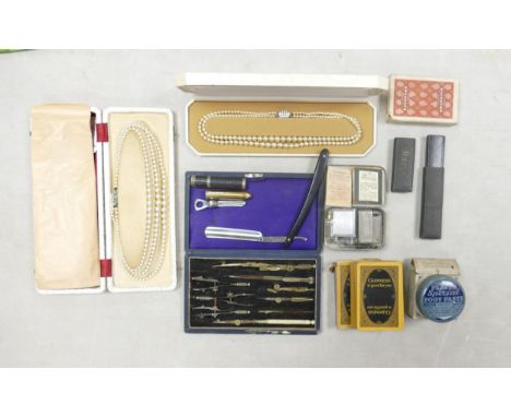 A collection of collectable items including cut throat razor,Geometry boxed set, 2 sets of pearls, Ronson lighter, playing ca