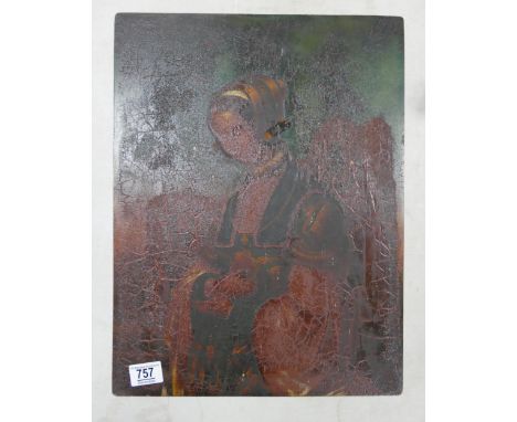 Painted Metal Panel with image of Tudor Lady Portrait, looks to have heat damage 45.5cm x 34.5cm 