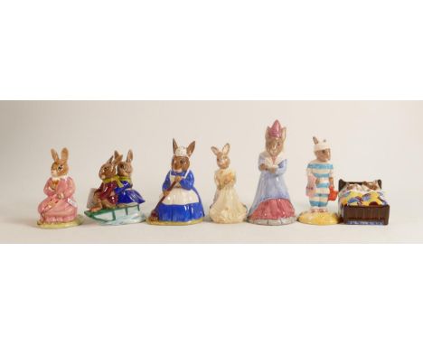 Royal Doulton Bunnykins figures to include  Sleigh Ride BD4, Sundial DB213, Polly Db71, Clean Sweep DB6, Bridesmaid DB173, Sl