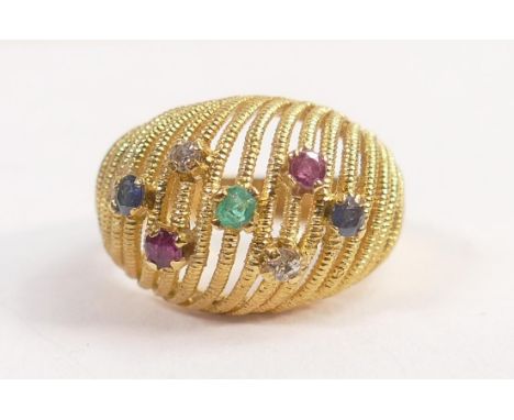 yellow metal ladies ring set with precious stones, size J, 6.8g.  Tests as high carat - 18ct or above. 