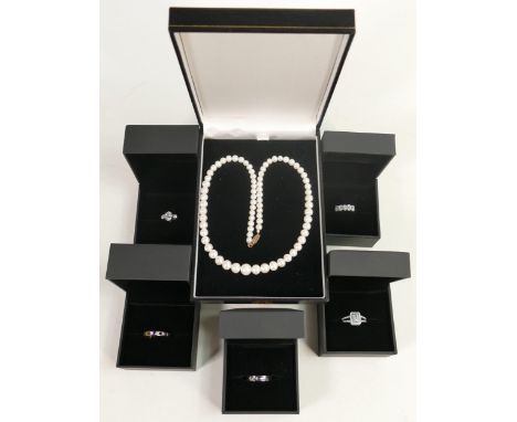 Six pieces of jewellery - Gem Diamonds 3 stone ring set with white stones that are superior 'diamond copies', ring size Q, ce