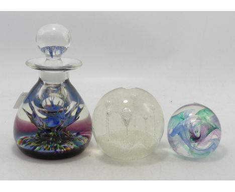 Caithness Glass Paperweights &amp; Bottle, tallest 13cm(3) 