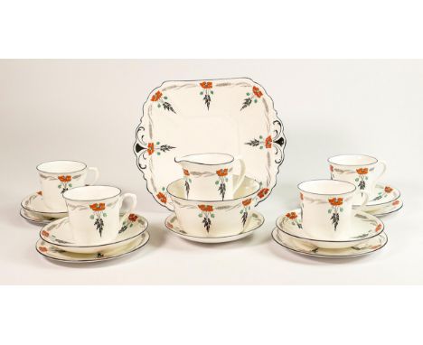 Shelley Vincent shaped 11326 patterned part tea set including: 4 cups, 5 saucers, 4 side plates, milk jug, sugar bowl &amp; s
