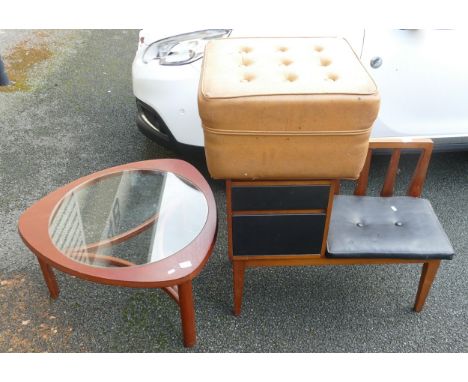 Retro Mid Century Furniture to include Glass Topped Coffee Table, Leatherette Telephone seat &amp; pouffe (3) 