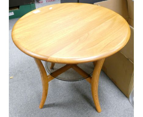 Ercol Blonde Coffee Table with smoke glass lower shelf, diameter 60cm, height 47cm 