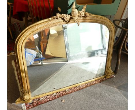 Antique Gilt Effect Over Mantle Mirror, width 130cm, some damage noted to foliage at top of mirror 