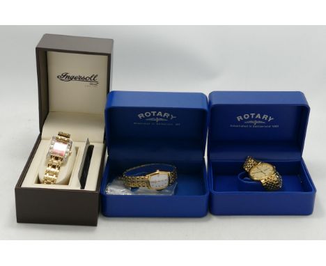 Ladies &amp; Gents Gold Plated Rotary Boxed Watches together with similar Ingersoll branded item(3) (Gents Rotary watch with 