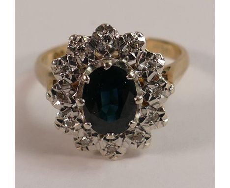 9ct gold sapphire and diamond ring, size M, 3.8g. 