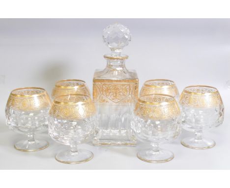 De Lamerie Cut Glass Crystal Whisky Decanter &amp; Six Brandy Glasses with gilt decoration in leather bound presentation box 