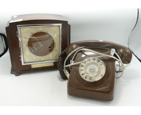 Presentation Oak Mantle Clock &amp; Vintage Dial Telephone(2) 