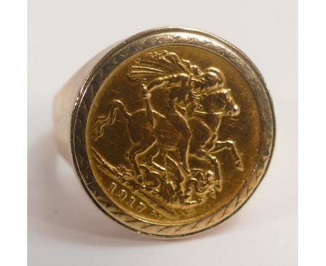 Gold Full Sovereign dated 1917 set as a ring in 9ct gold shank,17.6g. 