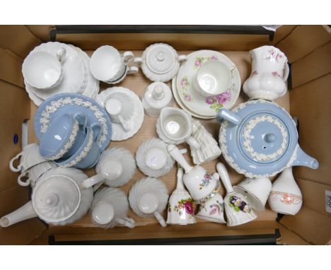 Wedgwood Queensware teapot , cups and saucers, Coalport bells, pink floral trio etc ( 1 trays) 