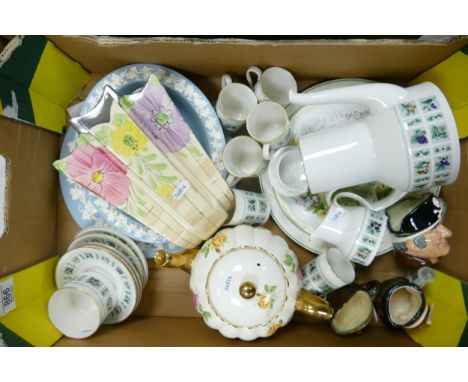 A mixed collection of items to include Royal Doulton Tapestry Patterned Coffee Set, Royal Doulton small character jugs, Flora