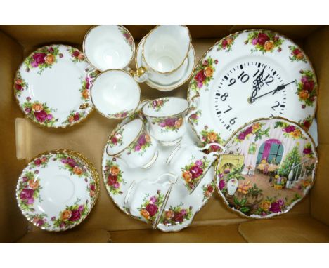 Royal Albert Old Country Rose Patterned tea set together with wall clock &amp; decorative plate