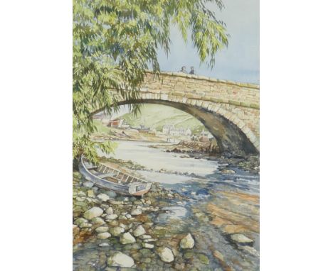 Tom Hinks modern watercolour titled Under The Bridge Fishguard Port, frame size 74cm x 58cm with attached invitation to priva