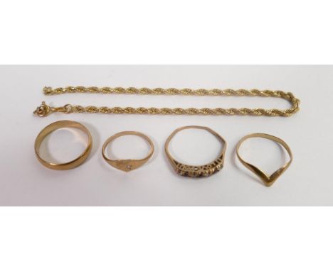 9ct gold items, including wedding ring, rings and broken chain 5.6g. 