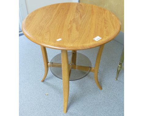 Ercol Blonde Coffee Table with smoke glass lower shelf, diameter 60cm, height 63cm 