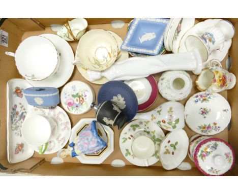 A mixed collection of items to include Wedgwood, Aynsley, Goss and similar pottery cups, saucers figures pin dishes etc