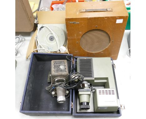 A collection of scientific items suitable for steampunk builds including slide projectors, electric turntable &amp; lab type 