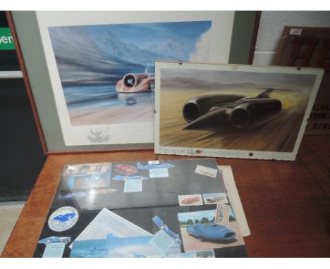 A signed thrust print plus small collection of land speed car prints.