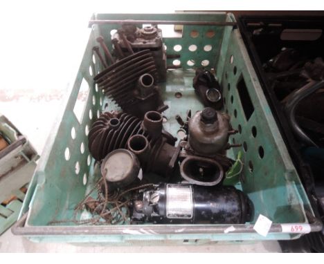 A selection of British motorcycle cylinder heads Villers/James, Variable speed motor and a Lucas light.