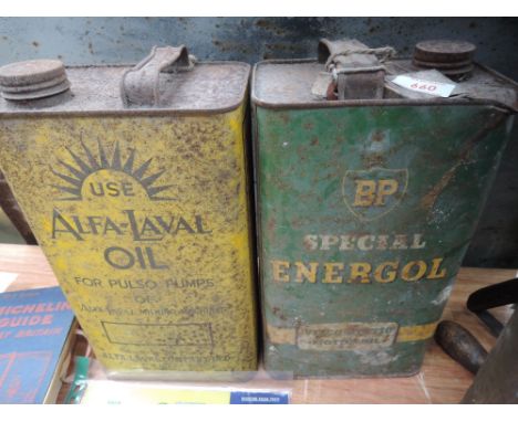 Two gallon advertising oil cans for BP Energol and Alfa-Laval.