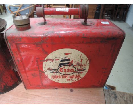 A scarce 18 pint petrol can advertising Esso motor boat services.