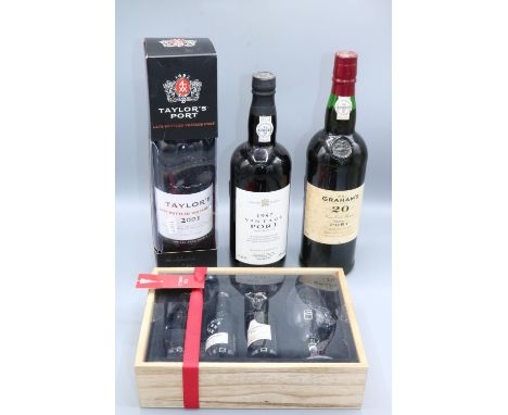 Boxed bottle of Taylor's Late Bottled Vintage Port 2001/2006 75cl; Graham's port tasting set; Graham's 20 yrs port bottled 20