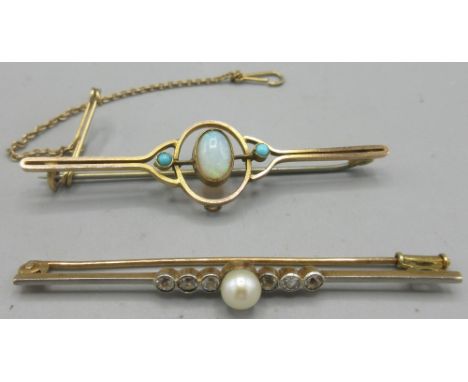 Edwardian 9ct yellow gold brooch set with opal and turquoise, stamped 9ct, and a yellow and white metal bar brooch set with d