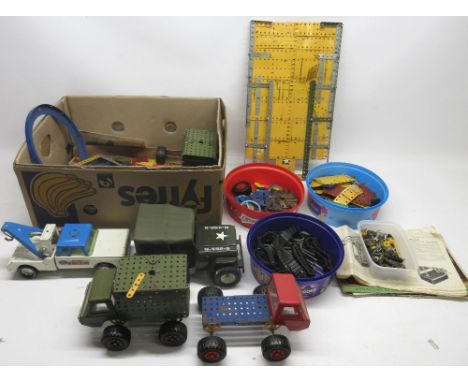 Collection of vintage Meccano, assembled trucks, vintage Nylint pressed steel wrecker truck and a vintage tonka jeep 