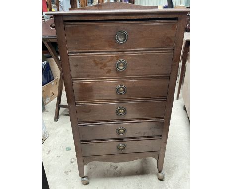 Edwardian mahogany sheet music cabinet with six fall front drawers, W54cm D38cm H97cm 