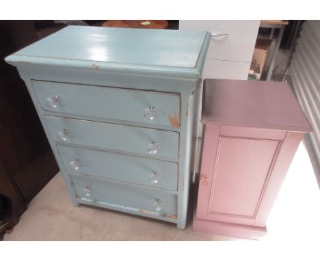 Blue painted pine chest of four long drawers with clear handles, W78cm D46cm H100cm and a painted bedside cupboard (2) 